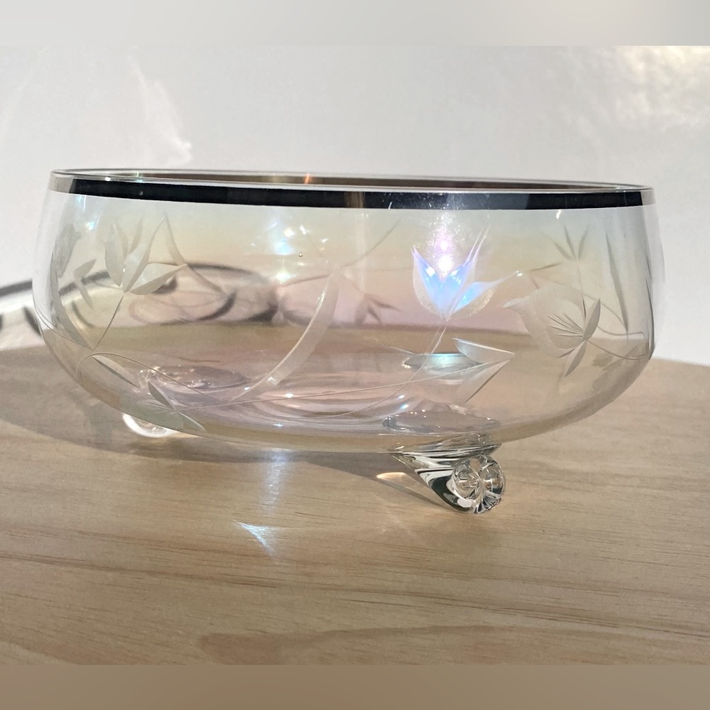 Vintage Candy Dish Etched Flowers Silver Rim Luminescent Carnival Glass Pink